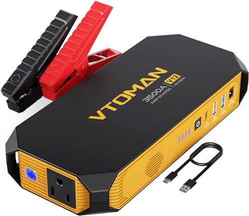 VTOMAN V12 Jump Starter with Portable Laptop Charger & AC Outlet, 3500A Car Jump Starter Box Battery Pack (Up to 10L Gas/8L Diesel Engines) USB QC3.0,12V Auto Battery Booster with Jumper Cables