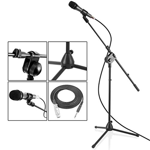 PYLE Dynamic Microphone and Tripod Stand Arm Mic Length 7.48'' Inch w/Acoustic Pop Filter-Includes 15' ft XLR Cable, Black (PMKSM20)