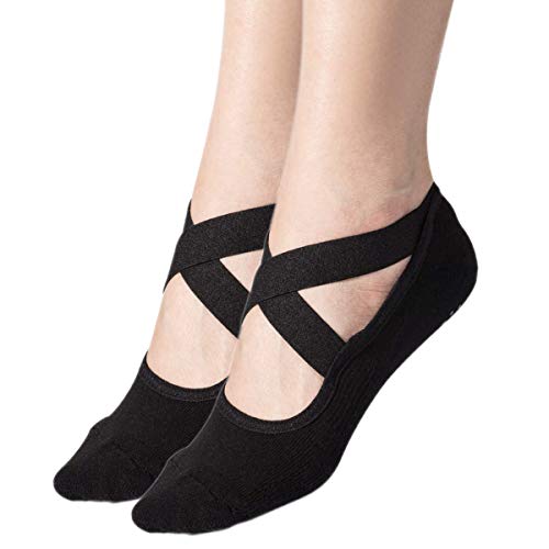 Toes&Feet Women's 2-Pack Black Padded Anti-Slip Grips Yoga Pilates Ballet Barre PiYo Socks, Size 4-9