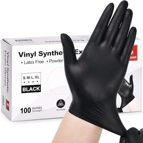 Schneider Black Vinyl Exam Gloves, 4mil, Disposable Latex-Free, Plastic Surgical Gloves for Medical, Cooking, Cleaning, and Food Prep, Powder-Free, Non-Sterile, 100-ct Box (Large)