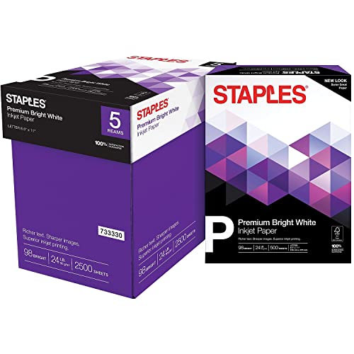 Staples Inkjet Paper – 8.5” x 11” Multipurpose, 24 lbs, 98Bright, 5-Reams/Carton