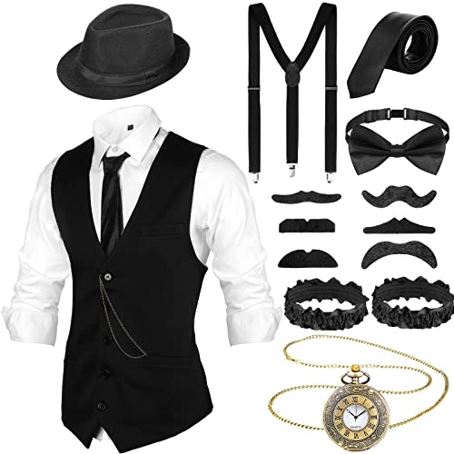SATINIOR 1920s Mens Costume Roaring Costumes Outfit with 20s Gangster Vest Hat Pocket Watch Suspenders(Black, X-Large)