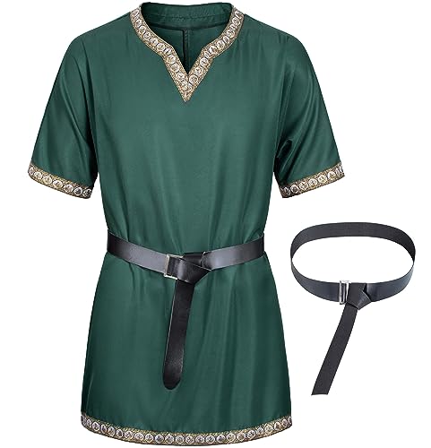 TOGROP Mens Medieval Costume Viking Tunic Knight Warrior Renaissance Shirts with Belt Green 2XL