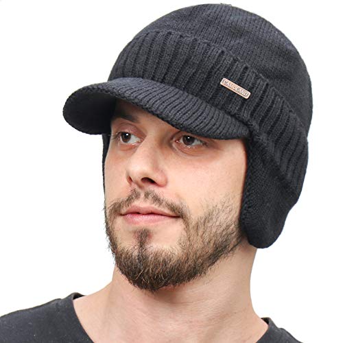 CAMOLAND 30% Wool Winter Beanie w/Visor & Earflaps for Men Outdoor Fleece Hat
