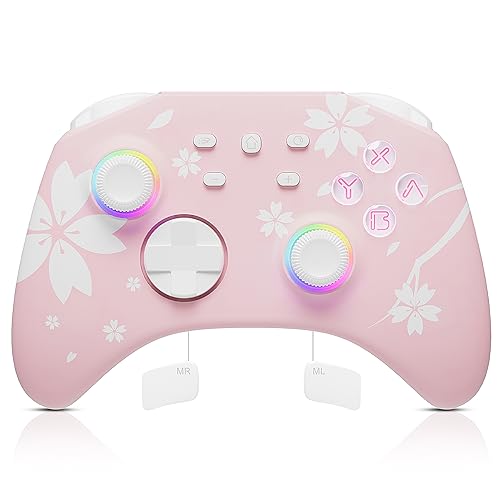 Mytrix Wireless Pro Controllers for Nintendo Switch, Windows PC iOS Android Steam/Steam Deck, Sakura Pink Bluetooth Controller with Programmable, Headphone Jack, Adjustable LED Light/Turbo/Vibration