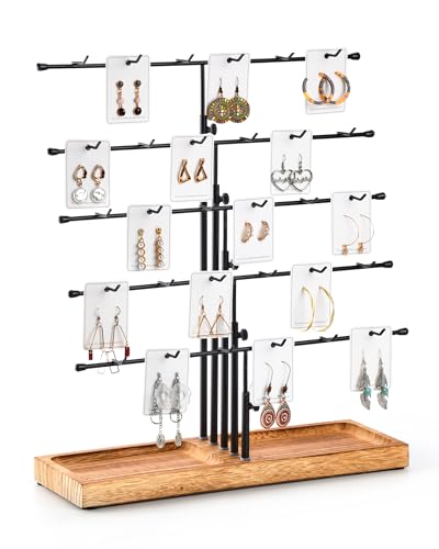 HULISEN Earring Display Stands for Selling, Adjustable Height Earring Displays for Vendor Events, 30 Hooks, Jewelry Display Rack Holder with Wooden Tray for Earring Cards, Keychains, Carbonized Brown