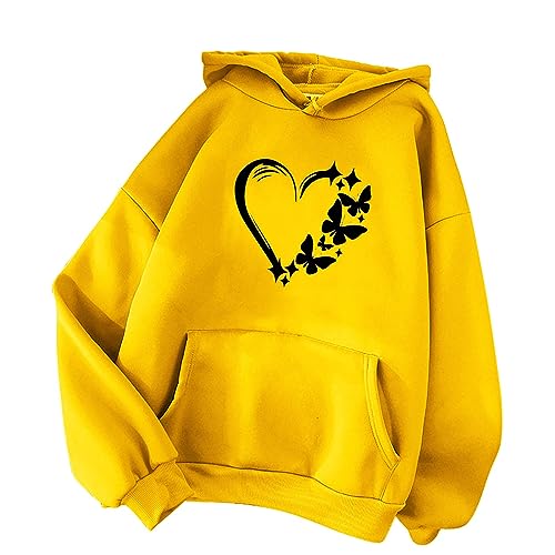 fall clothes for women 2023 my orders Women's Fashion Fall Sweatshirt 2023 Long Sleeve Heart Graphic Print Drawstring Hoodies Pullover Loose Fit Casual Sweaters Yellow 2X