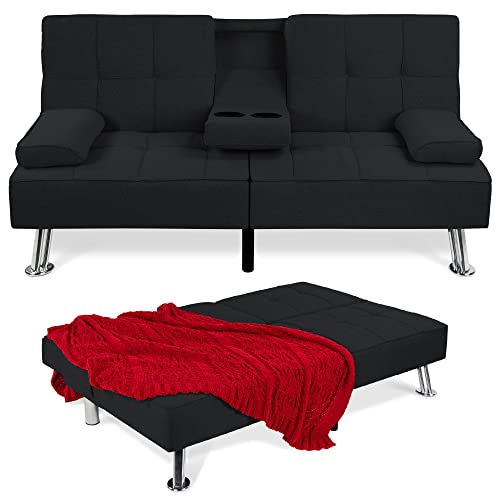 Best Choice Products Linen Modern Folding Futon, Reclining Sofa Bed for Apartment, Dorm w/Removable Armrests, 2 Cupholders - Black