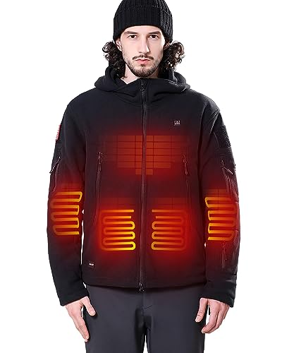 DEWBU Heated Jacket Polar Fleece with 12V Battery Pack Soft Fleece Electric Heating Hoodie for Men, Black, XL