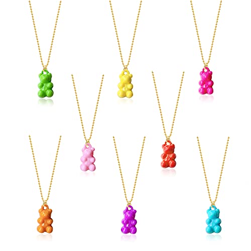 Chanaiqw 8 Pcs Colorful Resin Gummy Bear Pendant Necklace Cute Transparent Rainbow Candy Color Bear Chain Necklaces Accessories Lovely Animal Punk Party Jewelry for Women Girls Gifts Set (8Pairs- Gold)