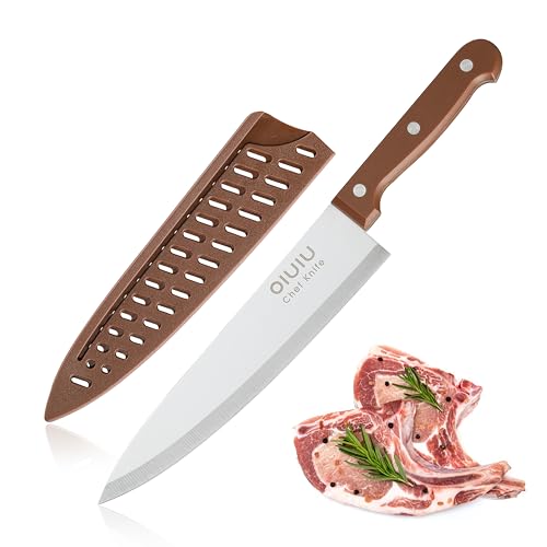 OLULU 8 inch Chef Knife, Razor Sharp Kitchen Knife with Protective Knife Sheath, Razor Sharp Slicing Knife with Ergonomic Handle, German Stainless Steel, Dishwasher Safe (Brown Color)
