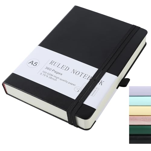 pftvalue Journal Notebook Journal for Men/Women Journals for Writing A5 180Sheets 360Pages College Ruled Notebook 100gsm Lined Paper Leather Hardcover Journal 5.9'' X 8.4'' (Black)