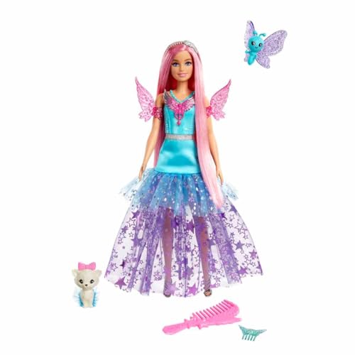 Barbie A Touch of Magic Doll, 'Malibu' with Wing-Detailed Dress, 7-inch Long Fantasy Hair, 2 Fairytale Pets & Accessories