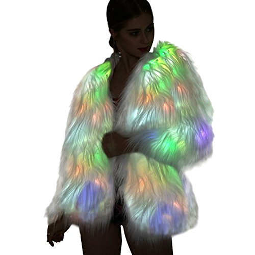 SZTOPFOCUS Led Fur Jacket For Women - Men Neon Light Up Coat White Glow Faux Fur Costume For Halloween Christmas Edc Outfit Clothing