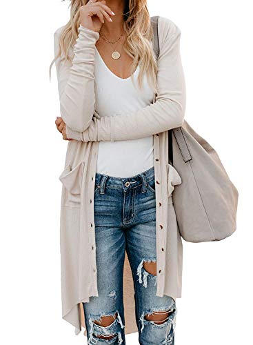 Naggoo Womens Summer Open Front Button Down Duster Cardigans Laides Ribbed Knit Cardigan Cream,S