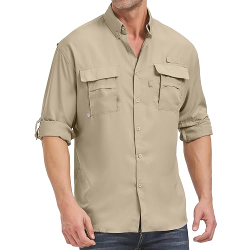 Men’s Long Sleeve Shirts UV UPF 50 Sun Protection Hiking Fishing Safari Shirt Quick Dry Cool Utility Blouse (5052 Khaki L)