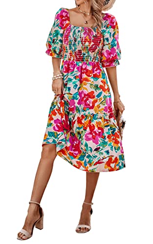PRETTYGARDEN Women's Summer Casual Midi Dress 2024 Spring Puff Sleeve Square Neck A-line Flowy Boho Floral Smocked Dresses
