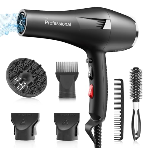 Faszin Ionic Salon Hair Dryer, Professional Blow Dryer 2200W AC Motor Fast Drying with 2 Speed, 3 Heat Setting, Cool Button, with Diffuser, Nozzle, Concentrator Comb for Curly and Straight Hair