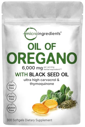 Micro Ingredients Oil of Oregano Softgels 6000mg Per Serving, 300 Count | 2 in 1 Formulated with Black Seed Oil 200mg, 4X Strength Carvacrol & Thymoquinone | Plant Based, Non-GMO & Immune Support