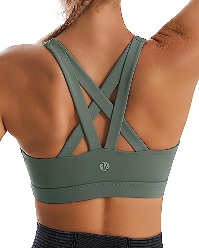 RUNNING GIRL Sports Bra for Women, Criss-Cross Back Padded Strappy Sports Bras Medium Support Yoga Bra with Removable Cups (WX2575-Dark Green, XL)