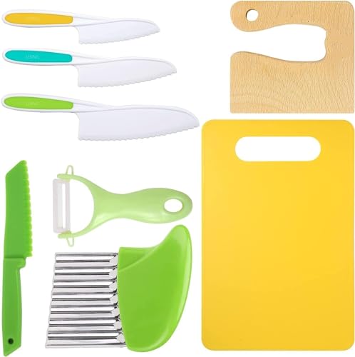 Leking 8 Pcs Wooden Kitchen Knife Set for Kids - Includes Safe Knives, Serrated Plastic Knives, Potato Slicers, Sandwich Cutter, Peeler and Cutting Board