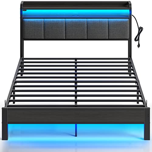 Rolanstar Queen Bed Frame with LED Lights, Upholstered Headboard, Charging Station, Storage Shelves, Heavy Duty Metal Slats, No Box Spring Needed, Noise Free, Easy Assembly, Dark Grey