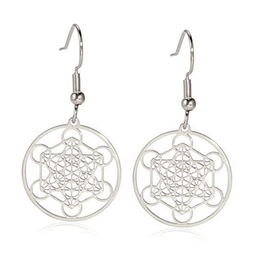Metronome's Cube Earring for Women of Metatron Cube Sacred Geometry seals of Archangel Angel Stainless Steel Vintage Amulet Jewelry for Girls'Gifts (Sliver)