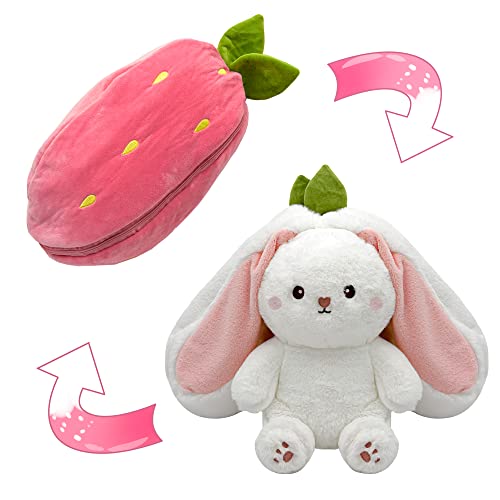 YOUBLEK Bunny Stuffed Animal,Strawberry Reversible Cuddle Bunny Plush Doll with Zipper Cute Soft Rabbit Toys Pillow for Kids and Adults Easter Bunnies Plushies Gifts (Strawberry, 7.09 inches)