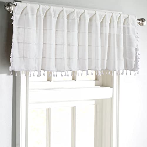 YoKii Ivory White Boho Tassel Valances for Windows Modern Farmhouse Cotton Linen Valance Kitchen Curtains Topper French Country Window Treatments Tier Curtain for Bathroom Bedroom Decors, W52 x L18