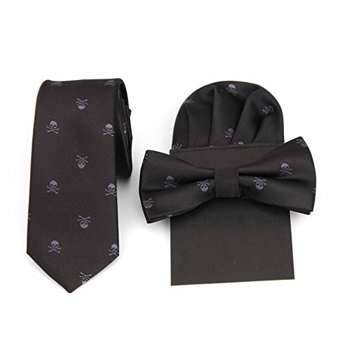 Hello Tie Unisex Skull & Crossbones Polyester Skinny Tie with Pocket Square and Bow tie Sets