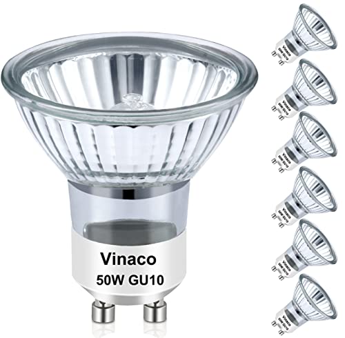 Vinaco GU10 Bulb, 6 Pack Halogen 120V 50W, Dimmable, MR16 GU10 Light Bulb with Long Lasting Lifespan, gu10+c for Track&Recessed Lighting, Gu10 Base Bulb, 50W MR16/FL/GU10, Warm White
