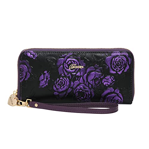 ArtsEye Rose Embossed Genuine Leather Zip Around Wristlet Wallet (Purple)