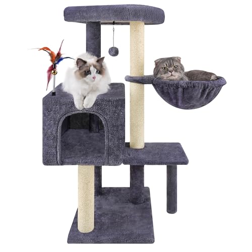 AIWIKIDE Multifunction Cat Tree has Cozy Hammock & Hanging Ball, Cat Tower with Activity Centre Furniture & Jute-Covered Scratching Posts Grey