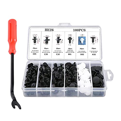 Dewkou 100 PCS Car Bumper Retainer Clips, 6.3mm 8mm 9mm 10mm Nylon Fasteners Rivet Replacement Kit, Push-in Screw Bumper Push Rivet Clip with Removal Tool, Suitable for Most Models (Black)