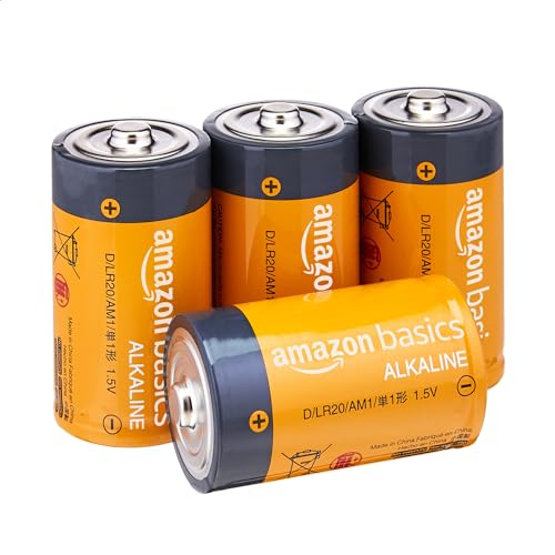 Amazon Basics 4-Pack D Cell Alkaline Everyday Batteries, 1.5 Volt, 5-Year Shelf Life