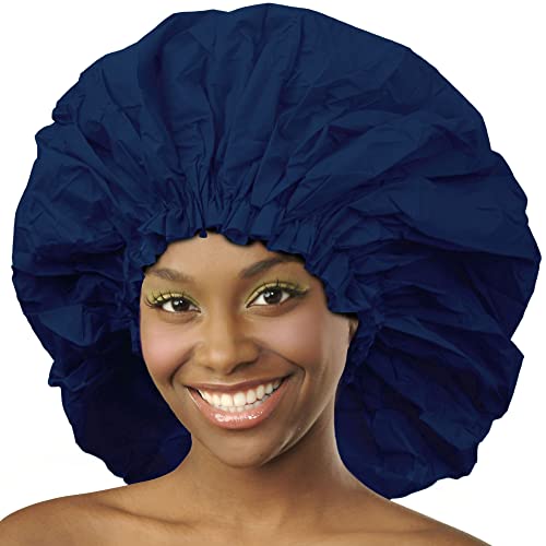 Donna Super Jumbo Shower Cap Waterproof Material 1pc for Women or Men Shower Cap for Roller Sets, Afros, Twist, Silk Wraps and More Reusable (NAVY COLOR)