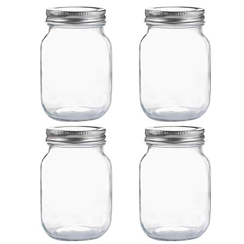 YINGERHUAN Glass Regular Mouth Mason Jars, 16 oz Clear Glass Jars with Silver Metal Lids for Sealing, Canning Jars for Food Storage, Overnight Oats, Dry Food, Snacks, Candies, DIY Projects (4PACK)