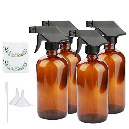 Maredash Empty Spray Bottles, Amber Glass Bottle With Labels & Lids, Refillable Container for Water, Essential Oils, Cleaning Products, Two kinds Lids are available for replacement (16 oz, 4 Pcs)