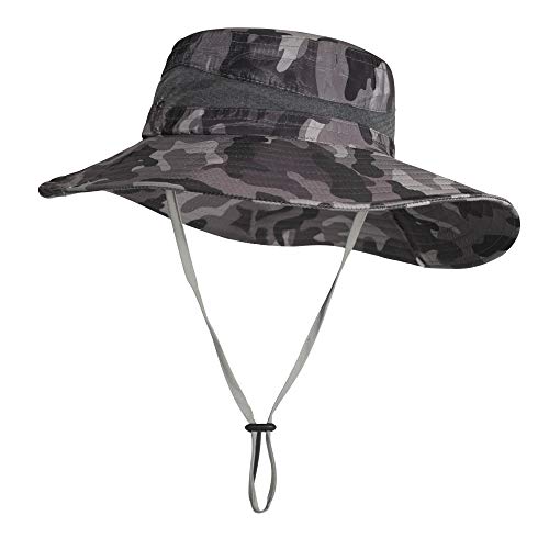 ZLYC Mens Waterproof Camo Sun Hat Wide Brim Packable Outdoor Mesh Fishing Bucket Hats (Camo Black)