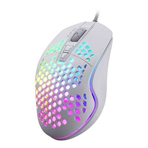 LTC Circle Pit HM-001 RGB Gaming Mouse with 2 Side Buttons, Lightweight Honeycomb Shell, Adjusted 12800DPI, 7 Programmable Buttons, Software Support, White