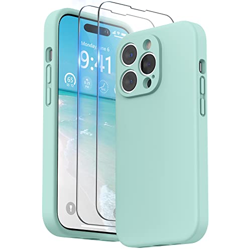 SURPHY Designed for iPhone 14 Pro Case with Screen Protector, (Camera Protection + Soft Microfiber Lining) Liquid Silicone Phone Case, Mint Green