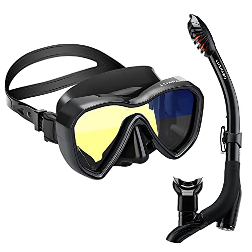LUXPARD Snorkel Set, Anti-Fog Panoramic View Snorkel Mask and Anti-Leak Dry Snorkel Tube, Snorkeling Gear for Adults, Snorkel Kit Bag Included (Black)