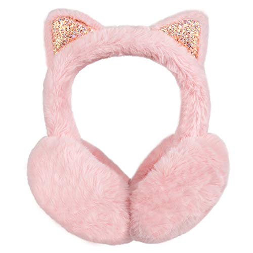 Surblue Foldable Cat Ear Earmuffs Winter Warm Outdoor Ear Covers Headband Fur Ear Warmer, Pink