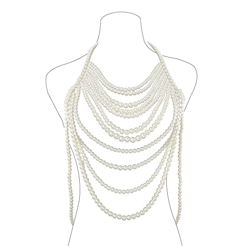 Aiosy Pearls Body Chain Bra Sexy Shawl Necklace Pearl Tops Halter Shoulder Chain Beaded Backless Chest Chains Rave Body Jewelry Festival Party Summer Beach (Sleeveless)