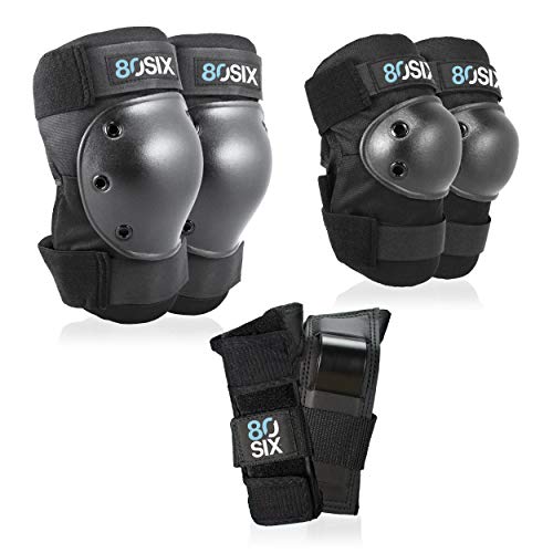 80Six Pad Set with Wristguards, Elbow Pads, and Knee Pads for Kids, Black, Small / Medium - Ages 8+