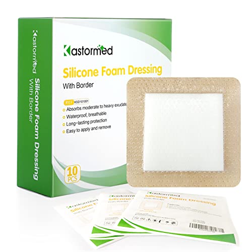 kastormed Silicone Adhesive Foam Dressing with Gentle Border 4''x4'' 10 Pack, High Absorbency Foam Wound Bandage for Bed Sore, Leg Ulcer, Diabetic Ulcer