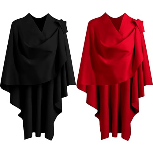 Liitrsh 2 Pack Womens Large Cross Front Ponchos Knitted Sweater Wrap Topper Fall Winter Elegant Shawls Cape Concert Dress (Black, Red)