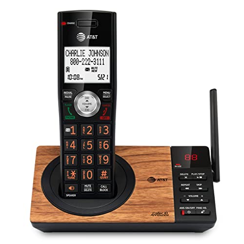 AT&T CL82167 Cordless Phone with Answering Machine, Call Blocking, Caller ID Announcer, Intercom and Long Range, Black & Wood Grain Finish