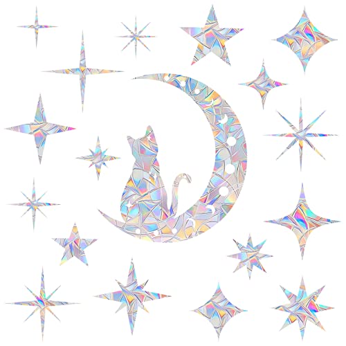 Cat Moon and 18 Pieces Star Window Clings - Anti-Collision Window Decals to Save Birds from Window Collisions,Non Adhesive Prismatic Vinyl Window Clings, Rainbow Stickers