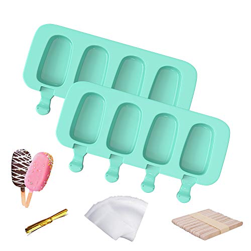 Popsicle Molds for Kids, 2 Pcs Silicone Cake Pop Mold 4 Cavities Homemade Ice Pop Molds Oval with 50 Wooden Sticks & 50 Parcel Bags & 50 Sealing Lines for DIY Ice Cream - Green